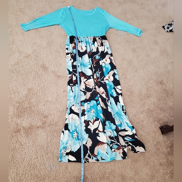 WNEEDU L aqua blue quarter sleeve scoopneck maxi floral skirt pockets - Picture 10 of 10